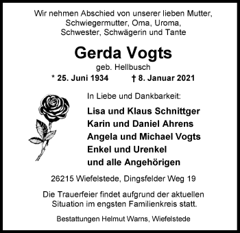 Traueranzeige von Gerda Vogts von Nordwest-Zeitung