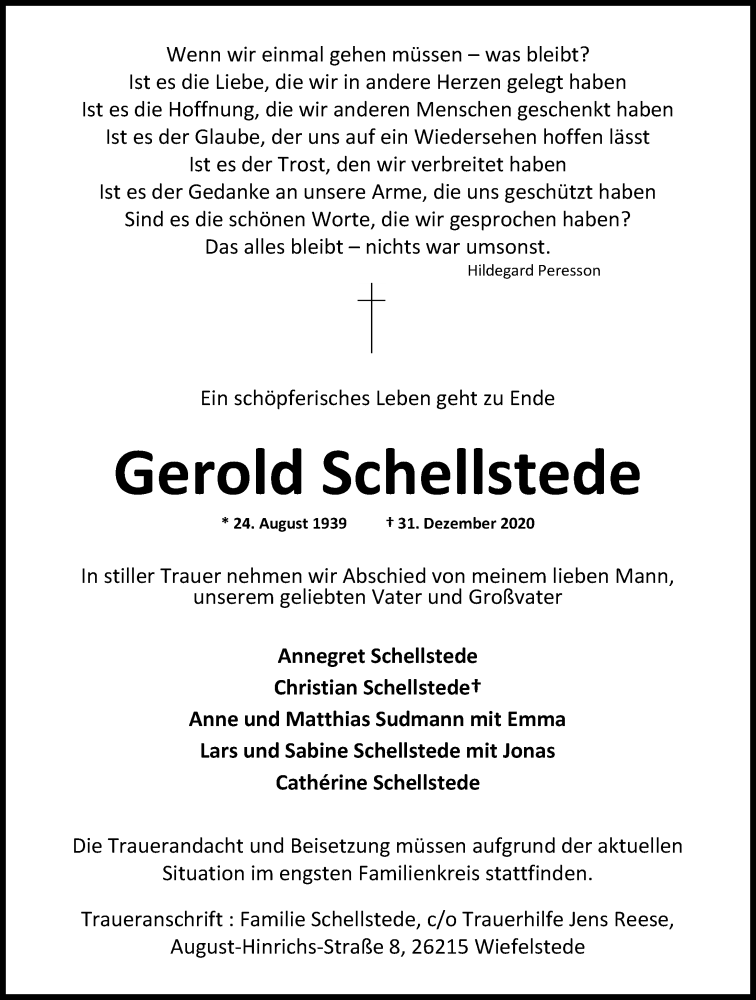  Traueranzeige für Gerold Schellstede vom 05.01.2021 aus Nordwest-Zeitung