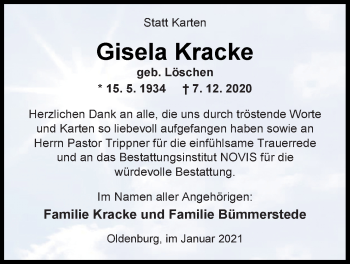 Traueranzeige von Gisela Kracke von Nordwest-Zeitung