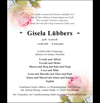 Traueranzeige von Gisela Lübbers von Nordwest-Zeitung