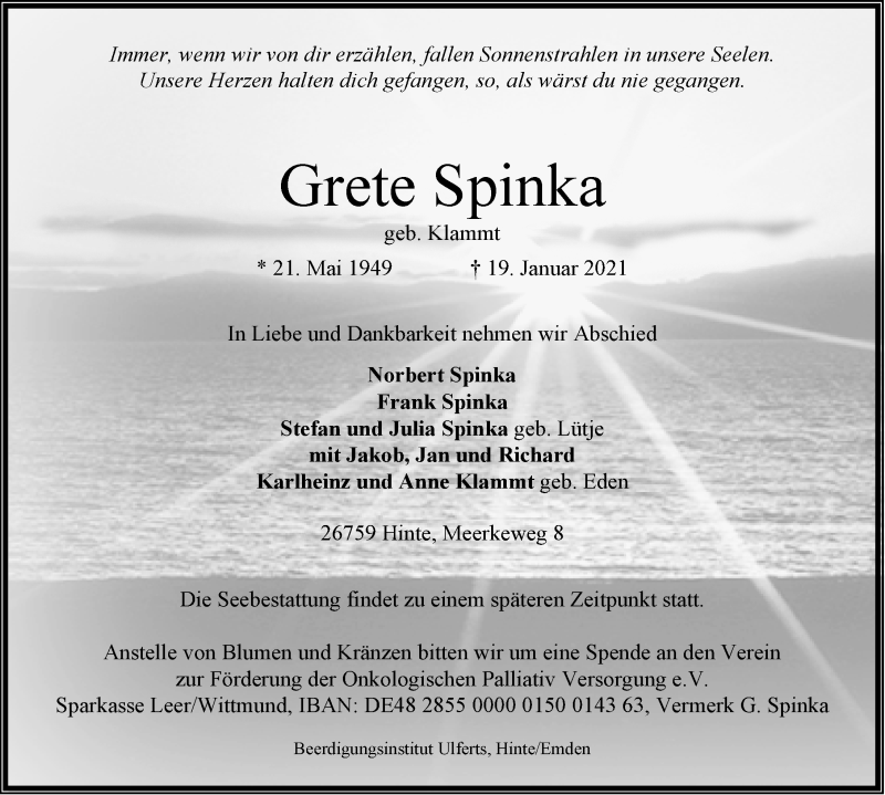  Traueranzeige für Grete Spinka vom 23.01.2021 aus Emder Zeitung