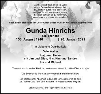 Traueranzeige von Gunda Hinrichs von Nordwest-Zeitung