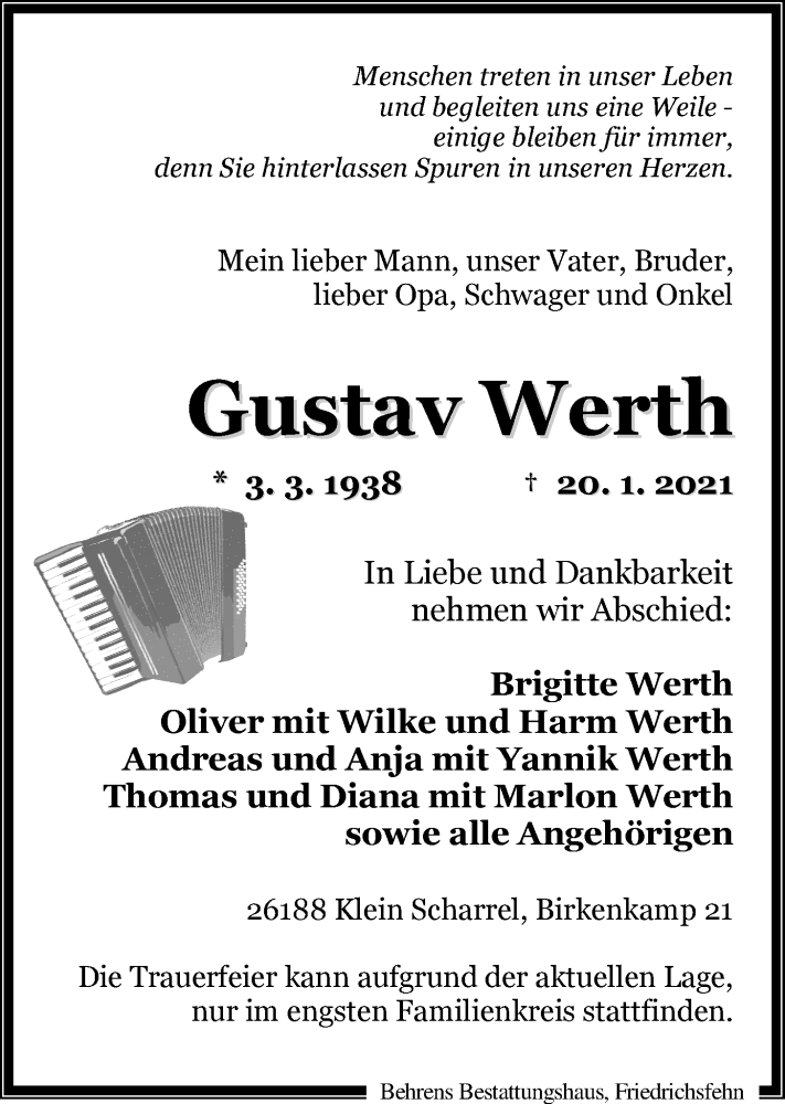  Traueranzeige für Gustav Werth vom 23.01.2021 aus Nordwest-Zeitung