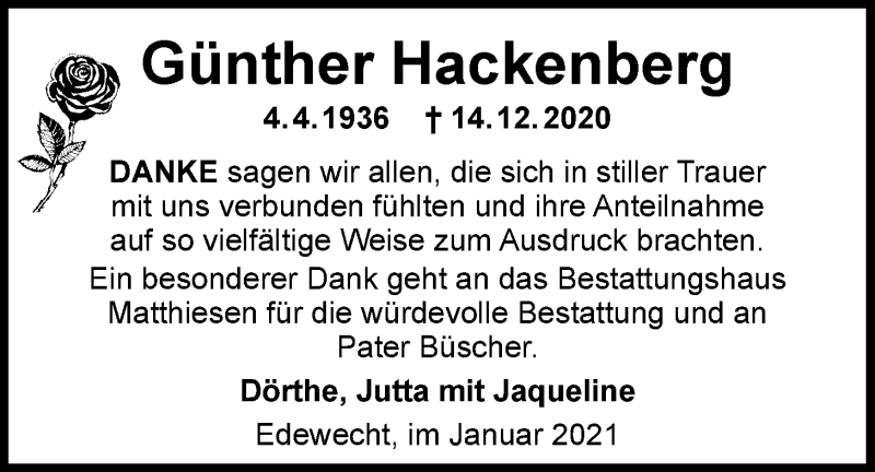  Traueranzeige für Günther Hackenberg vom 09.01.2021 aus Nordwest-Zeitung