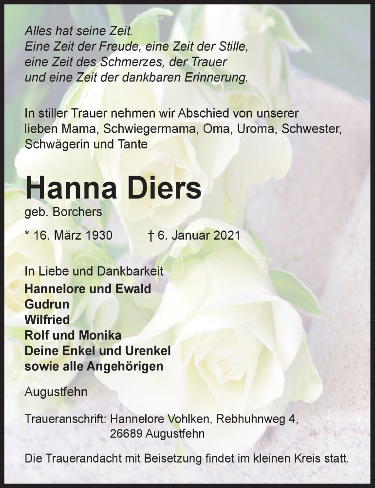  Traueranzeige für Hanna Diers vom 08.01.2021 aus Nordwest-Zeitung