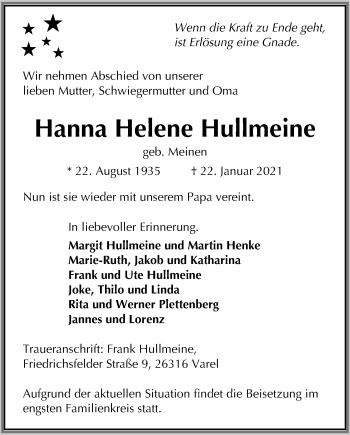 Traueranzeige von Hanna Helene Hullmeine von Nordwest-Zeitung