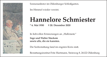 Traueranzeige von Hannelore Schmiester von Nordwest-Zeitung