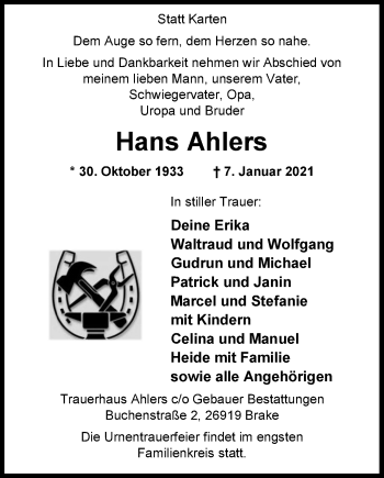 Traueranzeige von Hans Ahlers von Nordwest-Zeitung