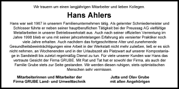 Traueranzeige von Hans Ahlers von Nordwest-Zeitung