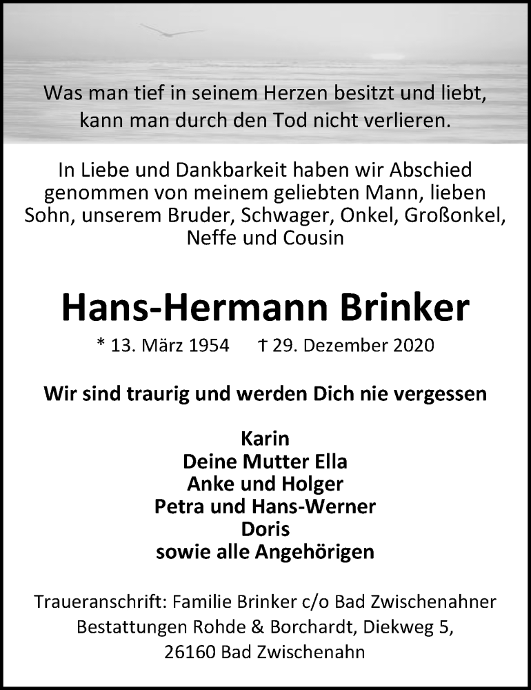  Traueranzeige für Hans-Hermann Brinker vom 23.01.2021 aus Nordwest-Zeitung