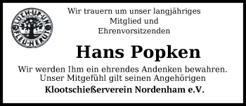 Traueranzeige von Hans Popken von Nordwest-Zeitung