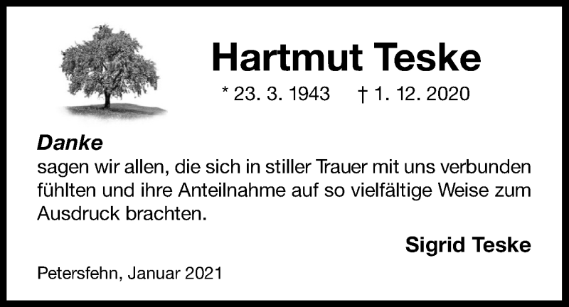  Traueranzeige für Hartmut Teske vom 09.01.2021 aus Nordwest-Zeitung