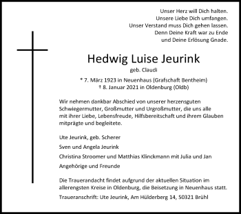 Traueranzeige von Hedwig Jeurink von Nordwest-Zeitung