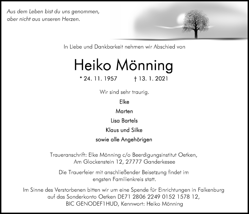  Traueranzeige für Heiko Mönning vom 19.01.2021 aus Nordwest-Zeitung