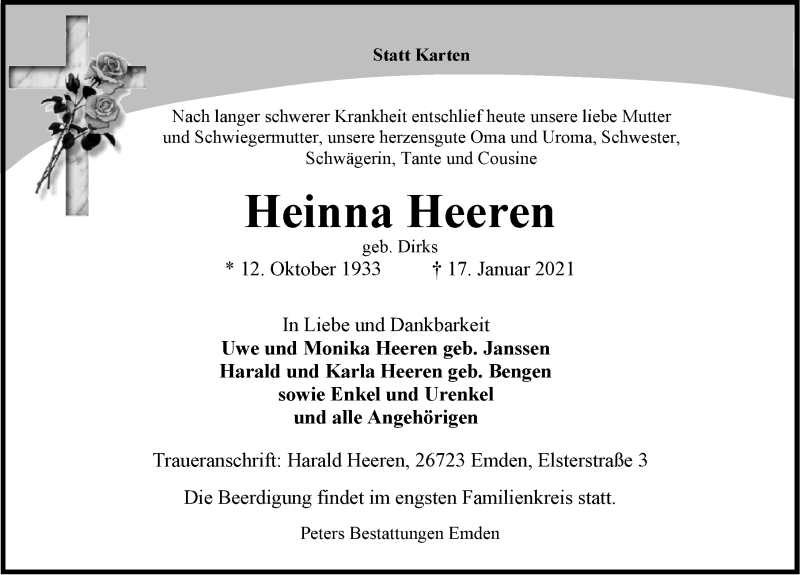  Traueranzeige für Heinna Heeren vom 19.01.2021 aus Emder Zeitung