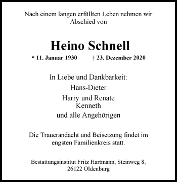 Traueranzeige von Heino Schnell von Nordwest-Zeitung
