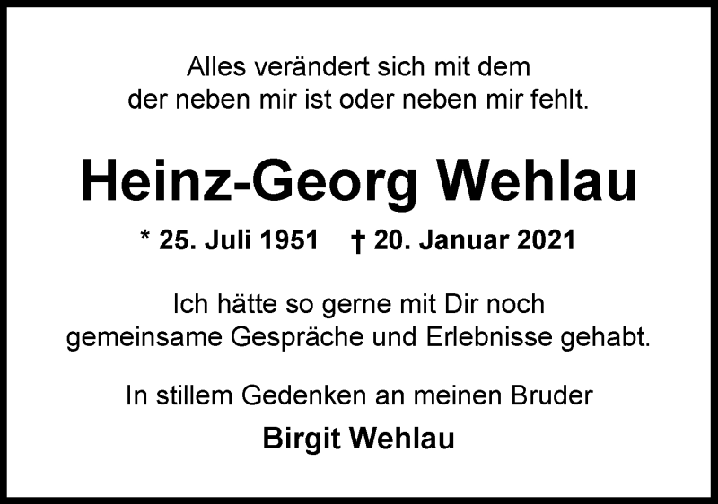  Traueranzeige für Heinz-Georg Wehlau vom 23.01.2021 aus Nordwest-Zeitung