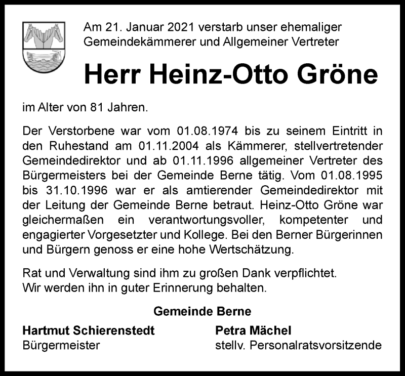  Traueranzeige für Heinz-Otto Gröne vom 30.01.2021 aus Nordwest-Zeitung