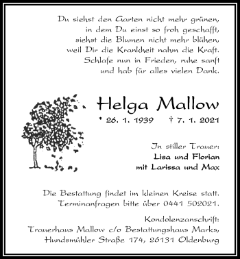 Traueranzeige von Helga Mallow von Nordwest-Zeitung