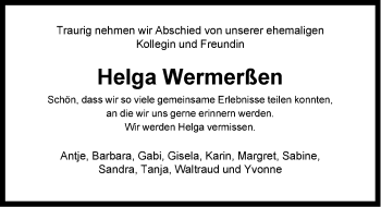 Traueranzeige von Helga Wermerßen von Emder Zeitung