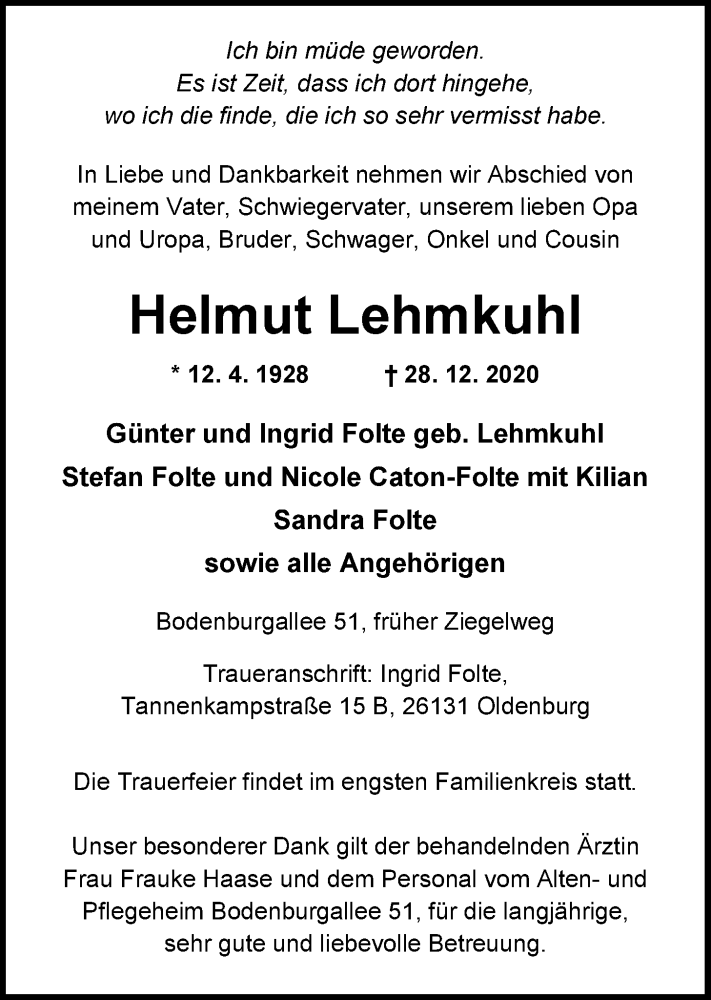  Traueranzeige für Helmut Lehmkuhl vom 05.01.2021 aus Nordwest-Zeitung