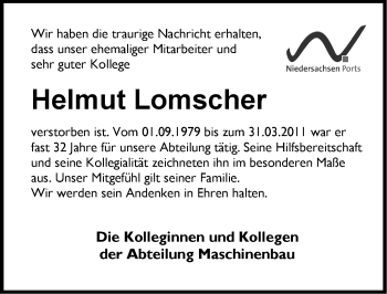 Traueranzeige von Helmut Lomscher von Emder Zeitung