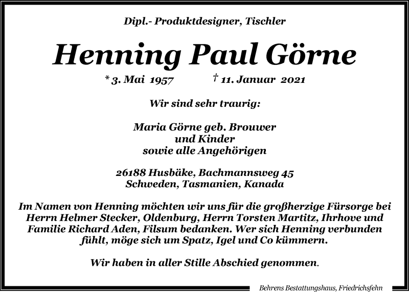  Traueranzeige für Henning Paul Görne vom 23.01.2021 aus Nordwest-Zeitung