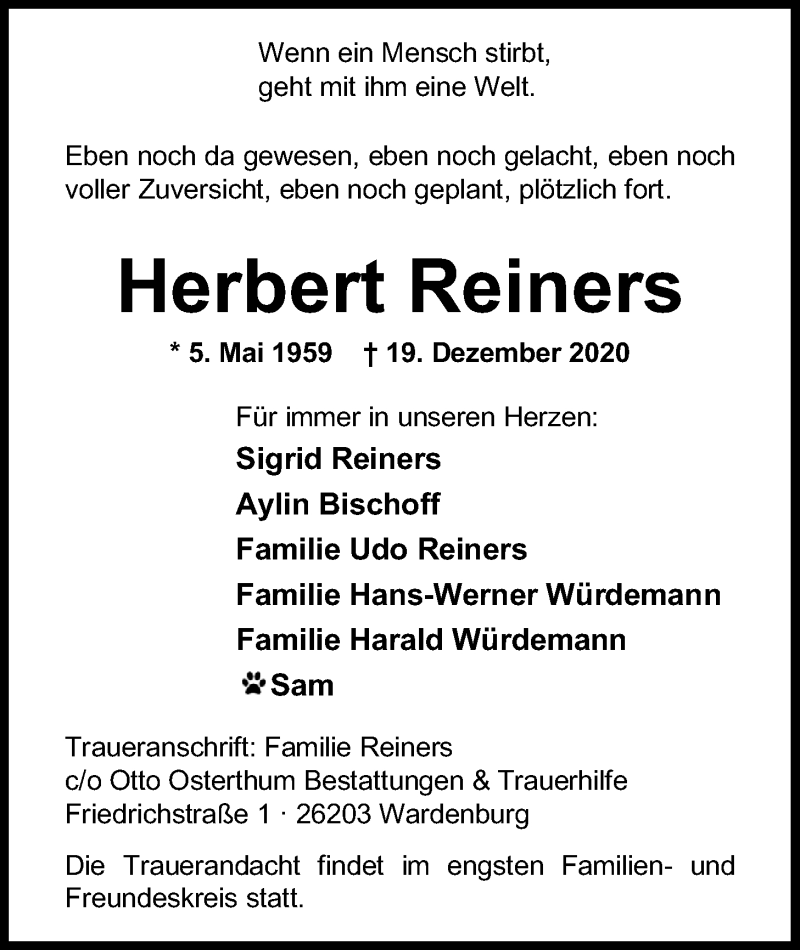  Traueranzeige für Herbert Reiners vom 02.01.2021 aus Nordwest-Zeitung