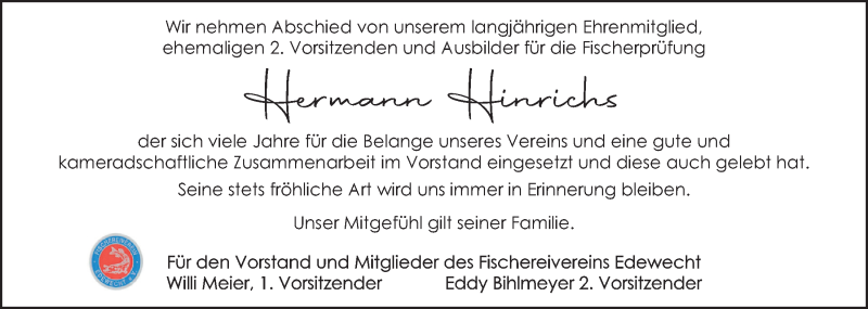  Traueranzeige für Hermann Hinrichs vom 19.01.2021 aus Nordwest-Zeitung