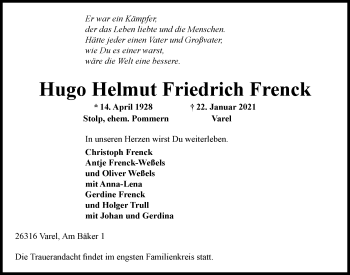 Traueranzeige von Hugo Helmut Friedrich Frenck von Nordwest-Zeitung