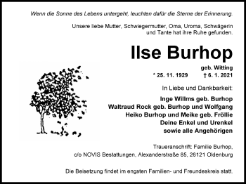 Traueranzeige von Ilse Burhop von Nordwest-Zeitung