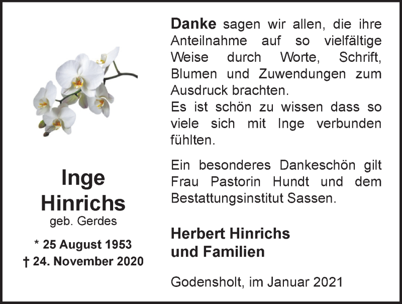  Traueranzeige für Inge Hinrichs vom 11.01.2021 aus Nordwest-Zeitung
