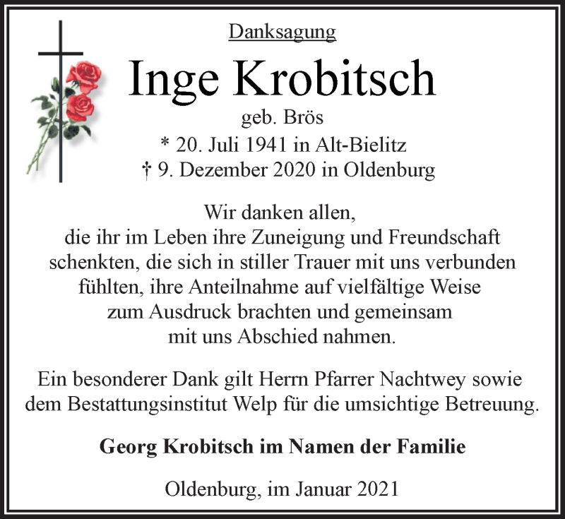  Traueranzeige für Inge Krobitsch vom 21.01.2021 aus Nordwest-Zeitung
