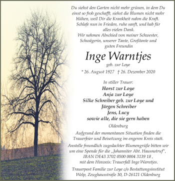 Traueranzeige von Inge Warntjes von Nordwest-Zeitung