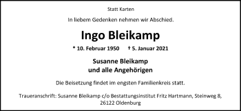 Traueranzeige von Ingo Bleikamp von Nordwest-Zeitung