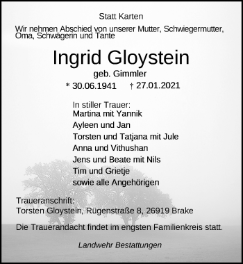 Traueranzeige von Ingrid Gloystein von Nordwest-Zeitung
