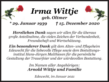 Traueranzeige von Irma Wittje von Nordwest-Zeitung