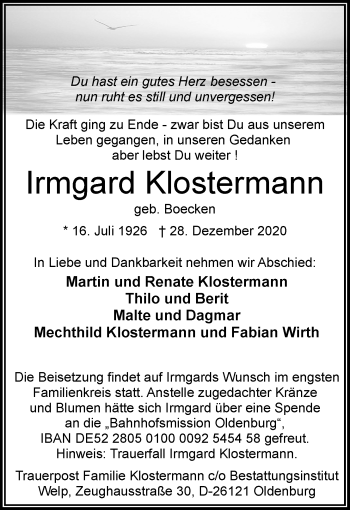 Traueranzeige von Irmgard Klostermann von Nordwest-Zeitung