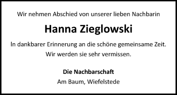 Traueranzeige von Johanna (Hanna) Zieglowski von Nordwest-Zeitung