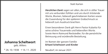 Traueranzeige von Johanna Scheltwort von Nordwest-Zeitung