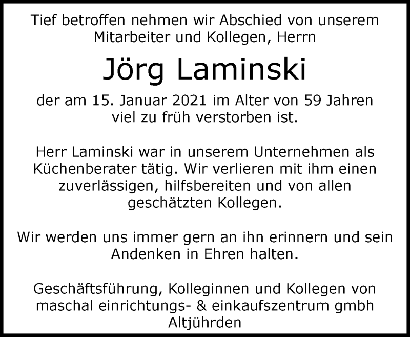  Traueranzeige für Jörg Laminski vom 23.01.2021 aus Nordwest-Zeitung