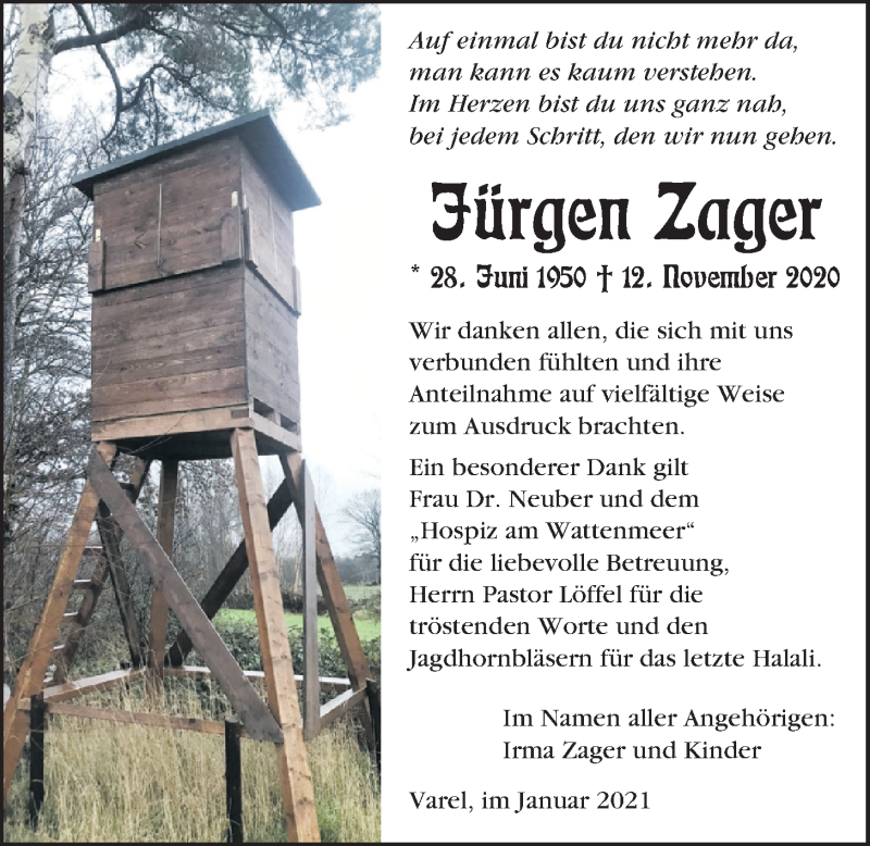  Traueranzeige für Jürgen Zager vom 12.01.2021 aus Nordwest-Zeitung