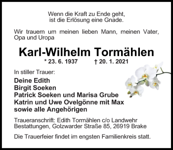 Traueranzeige von Karl-Wilhelm Tormählen von Nordwest-Zeitung