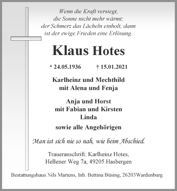 Traueranzeige von Klaus Hotes von Nordwest-Zeitung