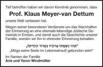 Traueranzeige von Klaus Meyer-van Dettum von Emder Zeitung