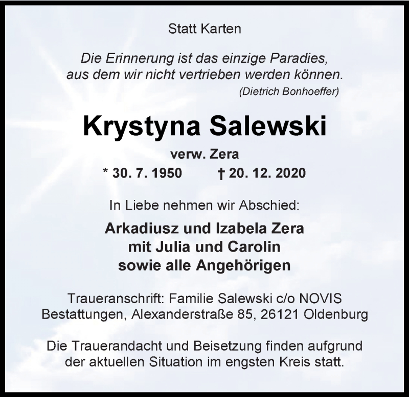  Traueranzeige für Krystyna Salewski vom 02.01.2021 aus Nordwest-Zeitung