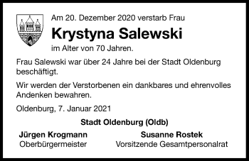 Traueranzeige von Krystyna Salewski von Nordwest-Zeitung