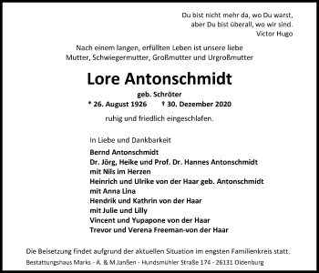 Traueranzeige von Lore Antonschmidt von Nordwest-Zeitung