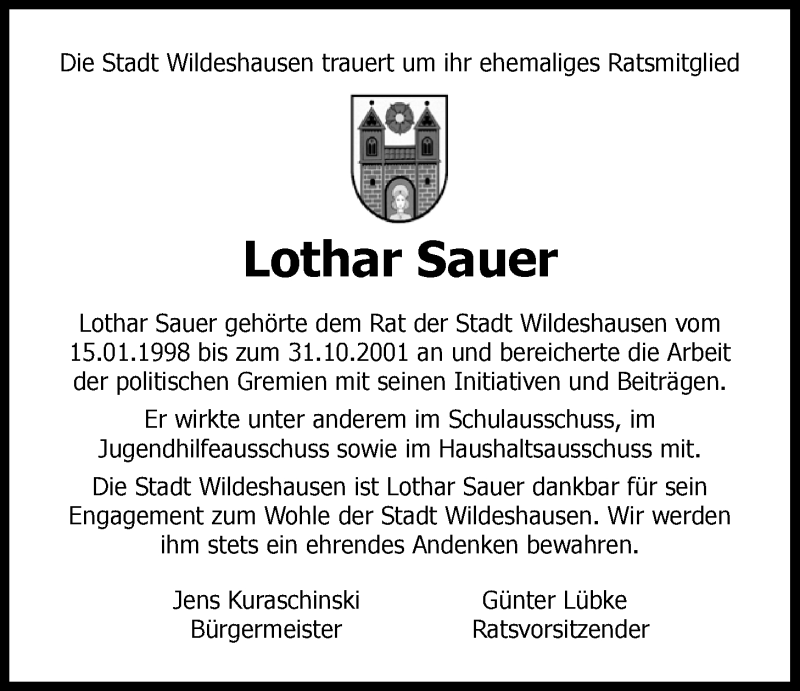  Traueranzeige für Lothar Sauer vom 25.01.2021 aus Nordwest-Zeitung