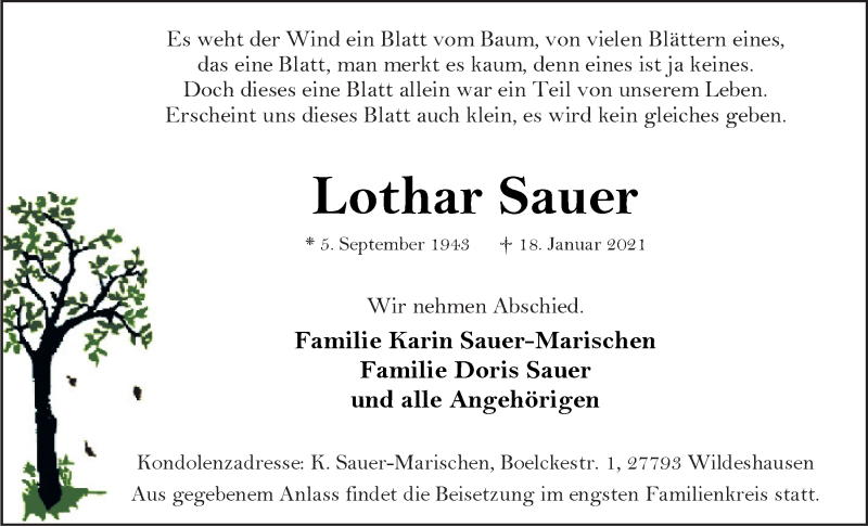  Traueranzeige für Lothar Sauer vom 22.01.2021 aus Nordwest-Zeitung